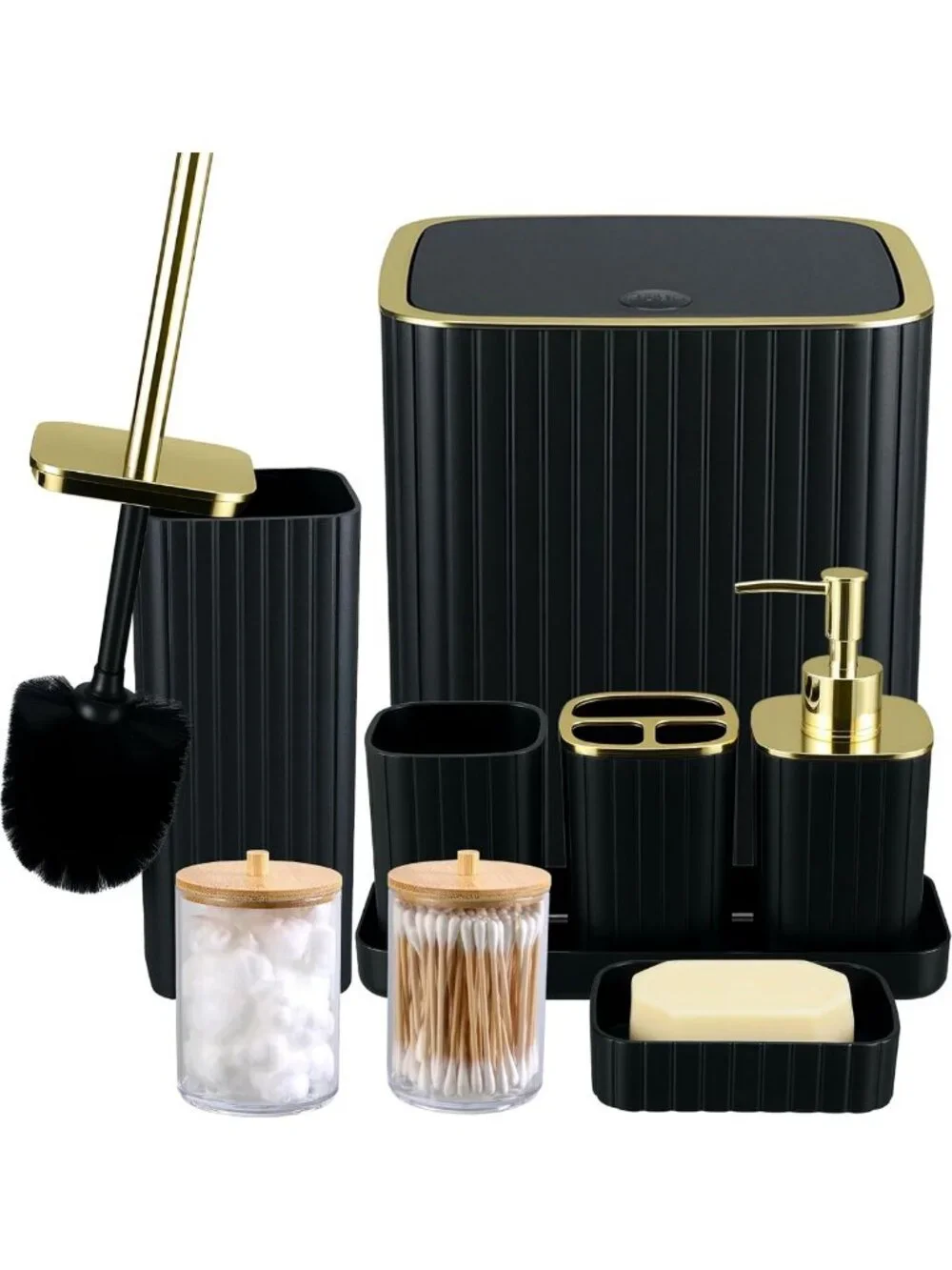 9PC Black & Gold Bathroom Accessories Set - Trash Can, Soap Dispenser & More
